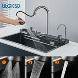 NoirFlow Smart Kitchen Sink Station – Gunmetal Stainless Steel Waterfall Sink | Digital Display Workstation Basin