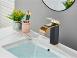 GoldenVista Waterfall Bathroom Faucet – Brushed Gold Basin Mixer Tap | Single Handle Sink Faucet | Modern Deck-Mounted Vanity Faucet