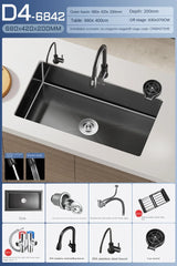 NoirCascade Waterfall Kitchen Sink Set – Black Stainless Steel Undermount Sink | Luxury Single Bowl Workstation