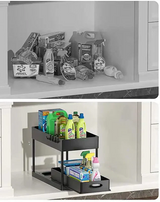 GlideVault Pull-Out Cabinet Organiser – Expandable 2-Tier Under Sink Storage Rack with Hooks & Utility Cup