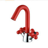 LuxeFlow Dual-Handle Brass Basin Mixer Tap – Rotatable Spout Bathroom Faucet with Ceramic Cartridge | Chrome Finish Luxury Sink Tap (Red & Green Accent Design)