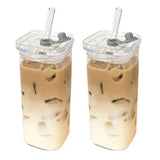 CrystalSquare Heat-Resistant Glass Cup – Clear Square Tumbler with Lid & Straw | Reusable Drinking Glass | Contemporary Home Drinkware