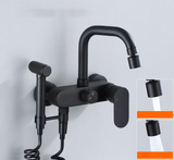 NoirFlow Wall-Mounted Mixer Tap – Matte Black Brass Faucet | 360° Swivel with Side Spray Attachment