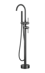 NoirLuxe Floor-Mounted Brass Bath Mixer Tap – Dual-Handle Black Freestanding Faucet with Hand Shower | 2-in-1 Hot & Cold Luxury Bathroom System