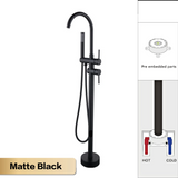 NoirLuxe Floor-Mounted Brass Bath Mixer Tap – Dual-Handle Black Freestanding Faucet with Hand Shower | 2-in-1 Hot & Cold Luxury Bathroom System
