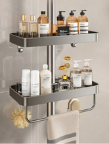 AeroMount Shower Storage Shelf – Drill-Free Aluminium Bathroom Organiser | Double Layer Caddy with Towel Rail