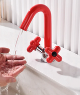 LuxeFlow Dual-Handle Brass Basin Mixer Tap – Rotatable Spout Bathroom Faucet with Ceramic Cartridge | Chrome Finish Luxury Sink Tap (Red & Green Accent Design)