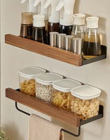 Velmora CulinaWood Wall Shelf – No-Drill Kitchen Storage Organiser for Spices, Cutting Boards & Utensils | Modern Wood-Effect Metal Rack