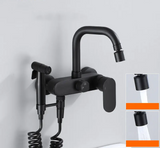 NoirFlow Wall-Mounted Mixer Tap – Matte Black Brass Faucet | 360° Swivel with Side Spray Attachment