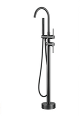 NoirLuxe Floor-Mounted Brass Bath Mixer Tap – Dual-Handle Black Freestanding Faucet with Hand Shower | 2-in-1 Hot & Cold Luxury Bathroom System