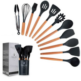 CulinaryCraft Silicone Utensil Collection – 12-Piece Kitchen Tool Set with Wooden Handles | Heat-Resistant Cookware Essentials
