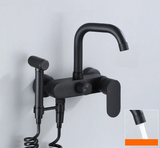 NoirFlow Wall-Mounted Mixer Tap – Matte Black Brass Faucet | 360° Swivel with Side Spray Attachment