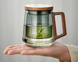 BrewLeaf 500ml Glass Tea Infuser Mug – Heat-Resistant Borosilicate Tea Cup | Wooden Handle & Lid | Reusable Tea Brewer