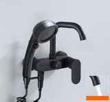 NoirFlow Wall-Mounted Mixer Tap – Matte Black Brass Faucet | 360° Swivel with Side Spray Attachment
